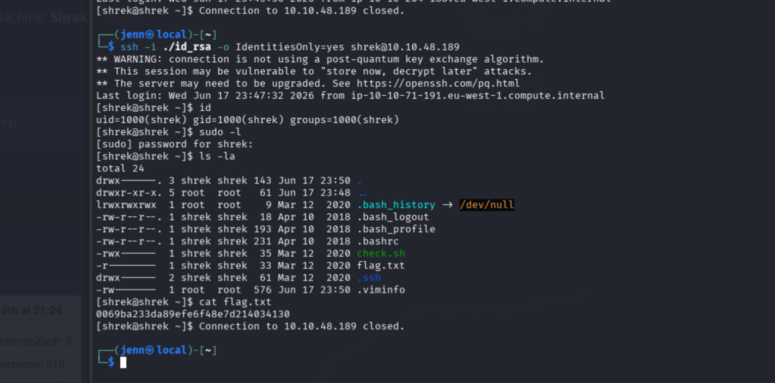 ls -la and cat flag.txt showing user flag in shrek's home directory